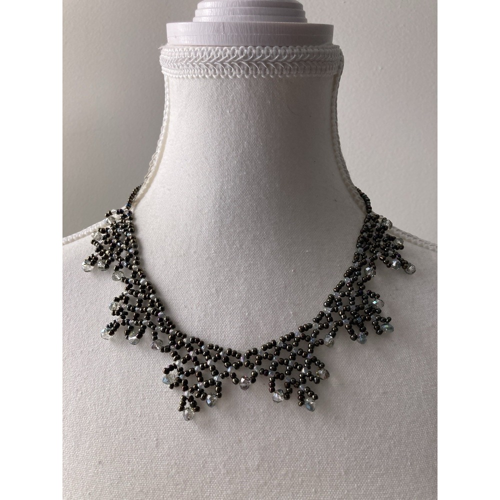 Smoky Gray Beaded Collar Necklace‎ AB  Fringe Bib Collar Statement Whimsical